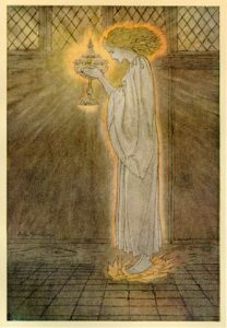 Dessin d'Arthur Rackham, une jeune fille portant le Graal